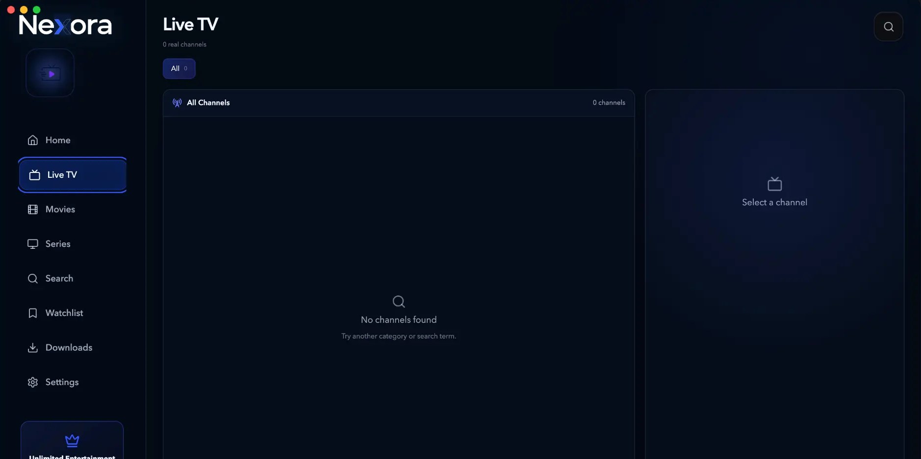 The Nexora desktop app on the Live TV screen, showing the sidebar, channel categories and player panel