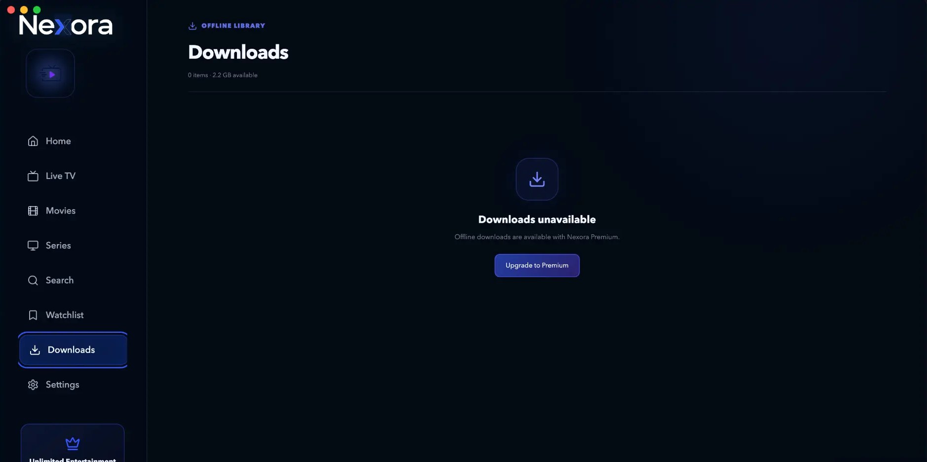 Nexora desktop app — Downloads screen showing the offline library and available storage