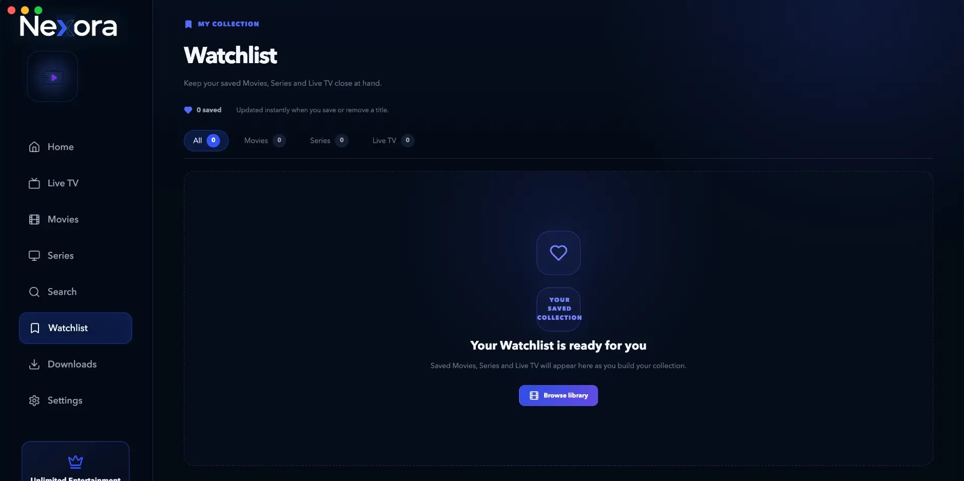 Nexora desktop app — Watchlist screen with All, Movies, Series and Live TV filters